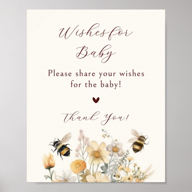Póster Deseos Para El Bebe Cumpleaños Abeja Flor Silvestr (Frente)