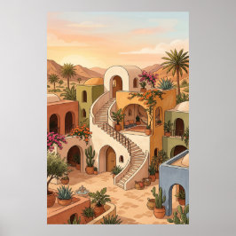 Póster Desert Village Sunset Art - Boho Colorful Houses