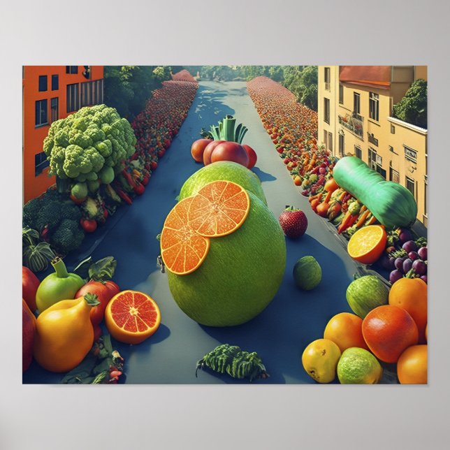 Póster Desfile de frutas y verduras gigantes para la capt (Frente)