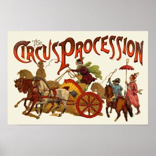Póster Desfile de payasos del circo antiguo con caballos