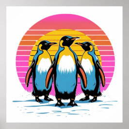 Póster Desfile pingüino - Familia Pingüino Retro Sunset