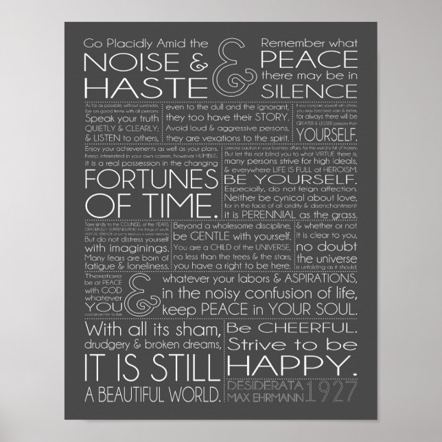 Póster Desiderata 11x14 Texto blanco sobre gris (Frente)
