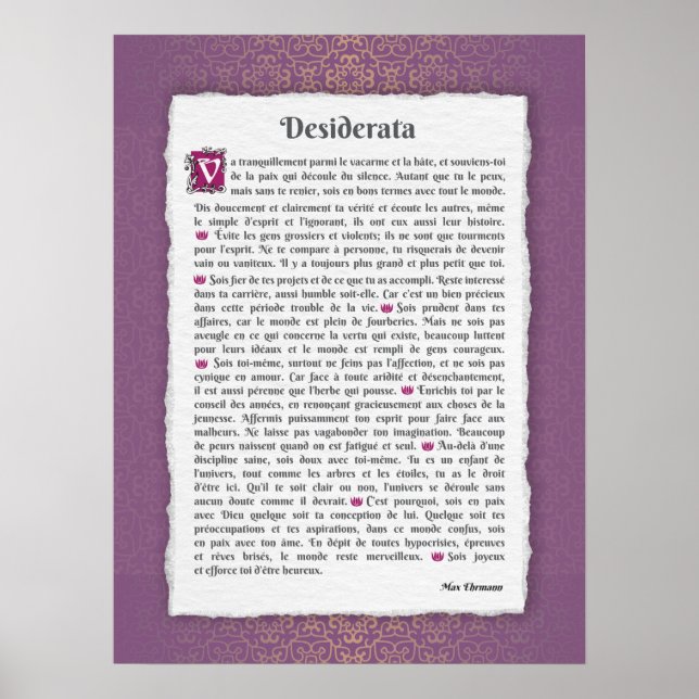 Póster Desiderata - Choses désirées - poème (Frente)