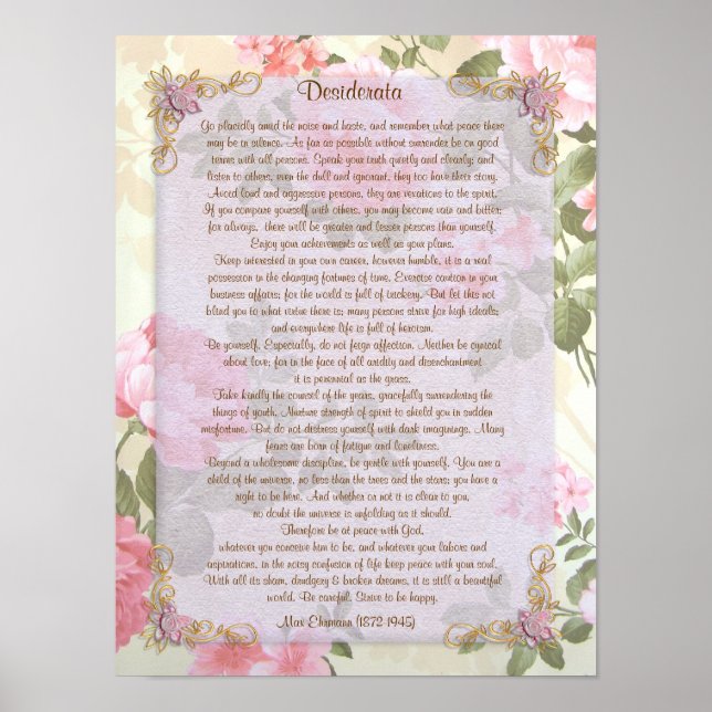 Póster Desiderata "cosas deseadas", prosa floral (Frente)