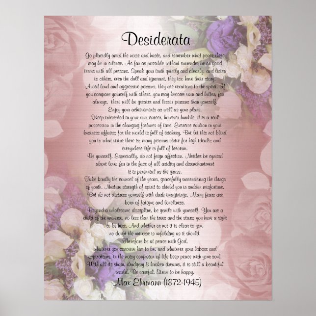 Póster Desiderata "cosas deseadas", prosa sobre floral (Frente)