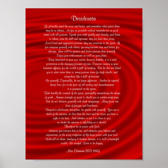 Póster Desiderata "cosas deseadas", prosa sobre rojo (Frente)