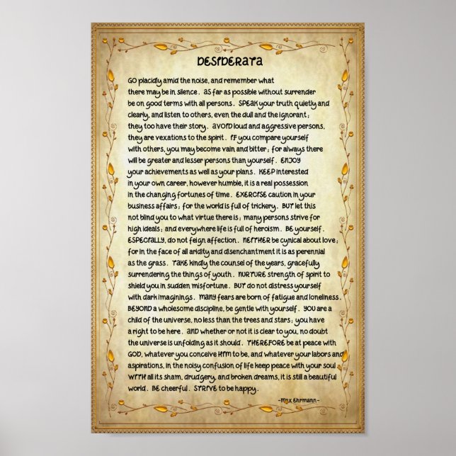 Póster Desiderata poema sobre el marrón y el oro (Frente)