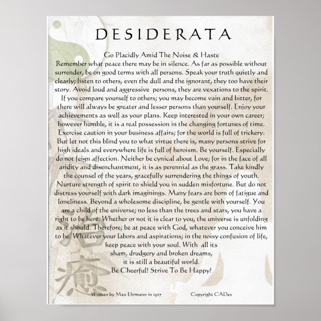 Póster Desiderata Poster=Medición del Yoga Yoga Yang Dise (Frente)