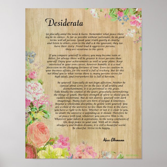 Póster Desiderata sobre el panel de madera rústica con re (Frente)