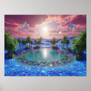 Póster Desierto azul neón y cristales flotantes