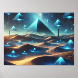 Póster Desierto azul surrealista y pirámides flotantes