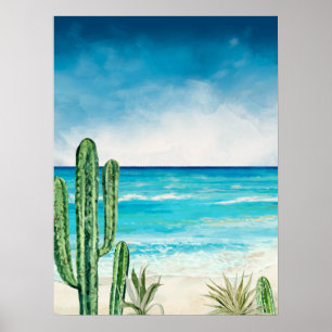 Póster Desierto Cactus Playa Mar Paisaje marino Acuarela