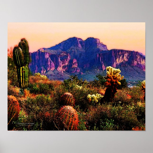 Póster Desierto de Cacti Y Morple Mountain Arizona 14x11 (Frente)