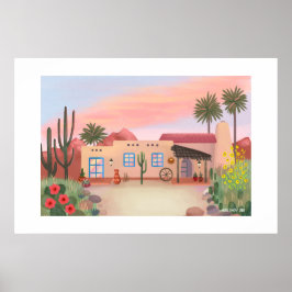 Póster Desierto del Suroeste Cactus Adobe House Gran Impr
