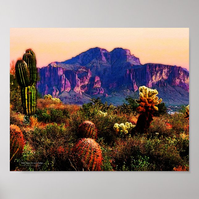 Póster Desierto sonoro de montaña cacti y púrpura 10x8 (Frente)