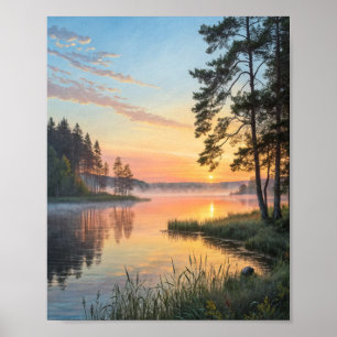 Póster Despertar dorado: un amanecer brumoso sobre el
