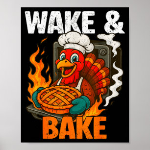 Póster Despertar y Hornear Divertido Pavo Vintage Día de
