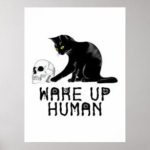Póster Despierta Humano - Gato gracioso con cráneo