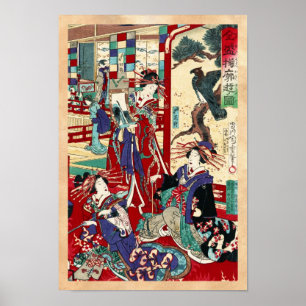 Póster Desplazamiento de trío de ukiyo-e geisha japonés d