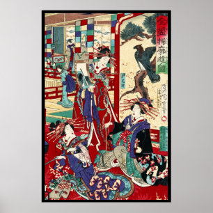 Póster Desplazamiento de trío de ukiyo-e geisha japonés d