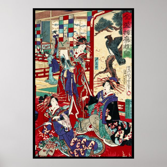 Póster Desplazamiento de trío de ukiyo-e geisha japonés d (Frente)
