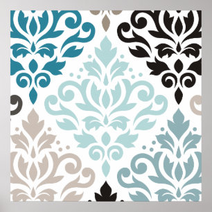 Póster Desplazar Damask XLg Pattern Art Teals Browns Blan