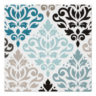 Póster Desplazar Damask XLg Pattern Art Teals Browns Blan