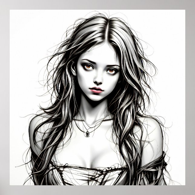 Póster Dessin d'une jeune femme grunge.  (Frente)