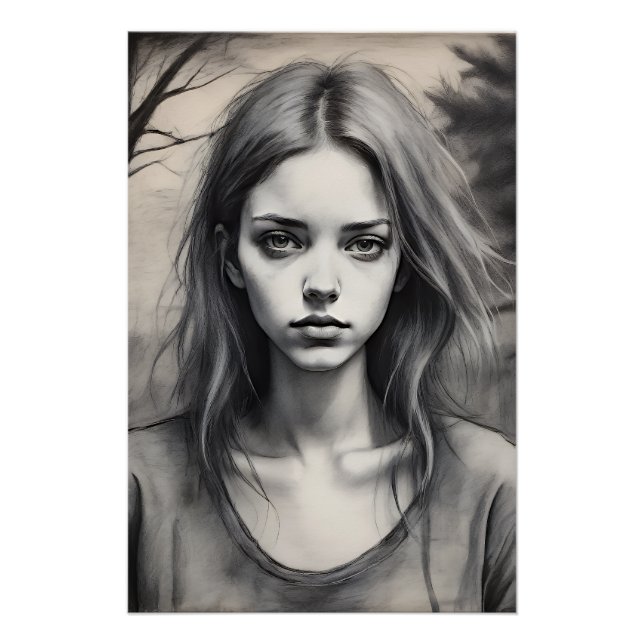 Póster Dessin d'une jeune fille mélancolique.  (Anverso)