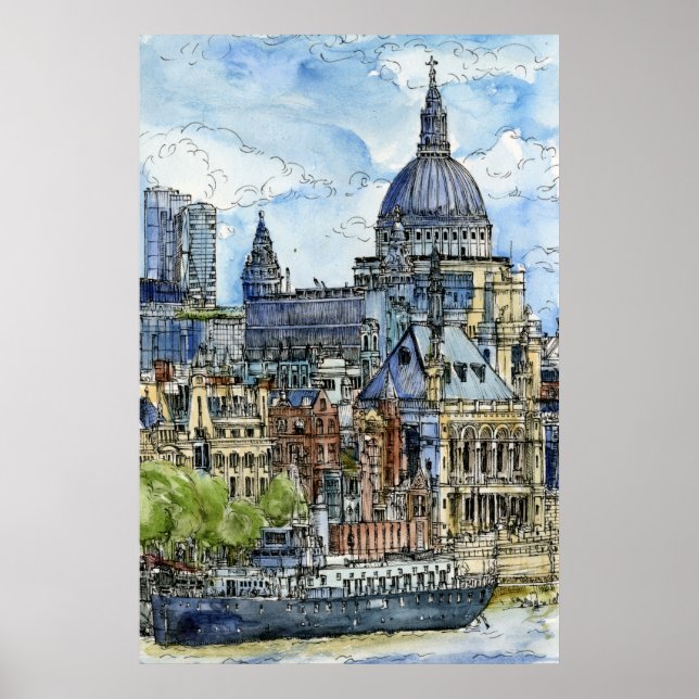 Póster Destinations | Watercolor River Thames Waterfront (Frente)