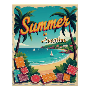 Póster Destino de Verano Editable con Sellos de Viaje