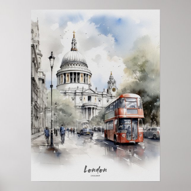 Póster Destino de viajes Londres Watercolor Wall Art (Frente)