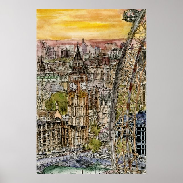 Póster Destinos | acuarela Big Ben y London Eye (Frente)