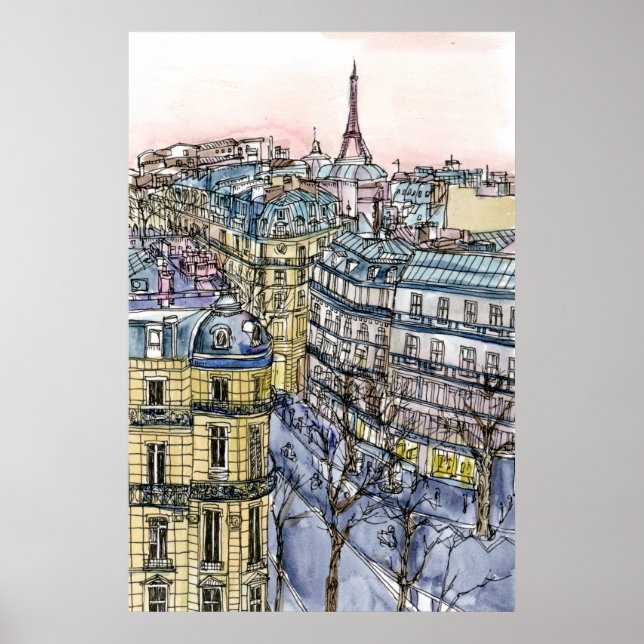 Póster Destinos | acuarela Torre Eiffel y París (Frente)