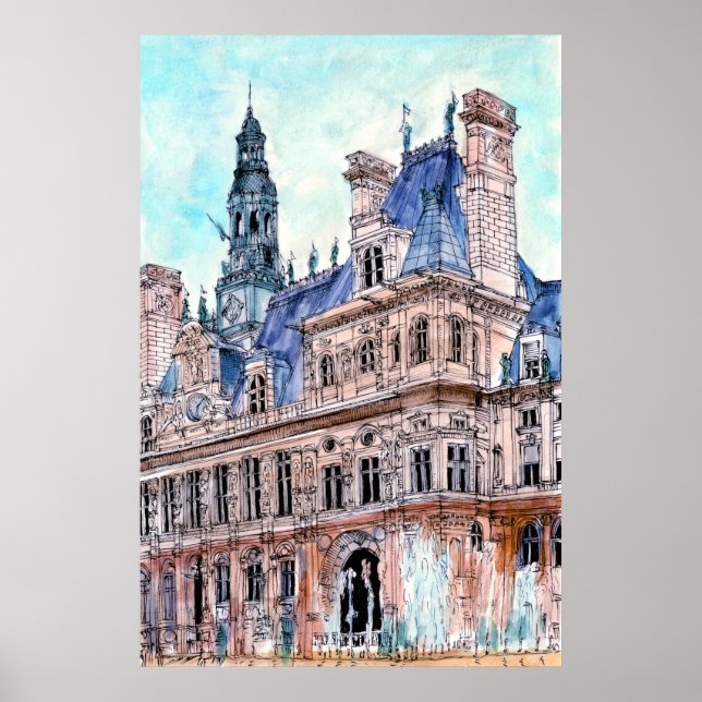 Póster Destinos | WatercolorRustic Hotel de Ville (Frente)