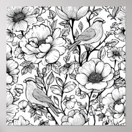Póster Detailed Folk Flora Scroll Decoupage Template Line