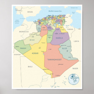 Póster Detailed Map of Algeria Regions
