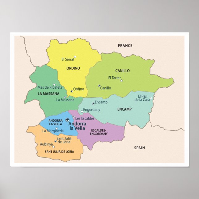 Póster Detailed Map of Andorra Regions (Frente)