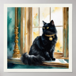 Póster Detalles de Aqua, acuarela de gato persa negro