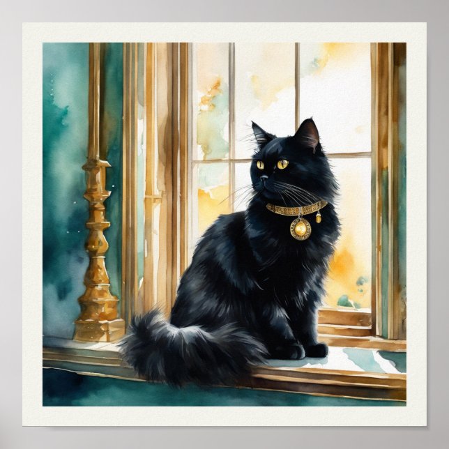 Póster Detalles de Aqua, acuarela de gato persa negro (Frente)