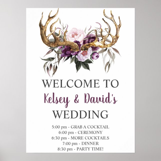 Póster Detalles del Boda Boho Purple Plum Pink Peonies (Frente)