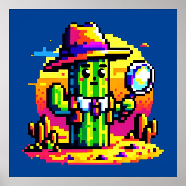 Póster Detective Cactus de 8 bits - Misterio Retro Pixel (Frente)