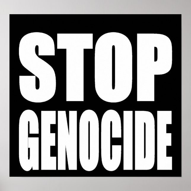 Póster Detengan el genocidio. Mensaje de protesta. (Frente)