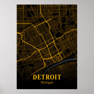 Póster Detroit - Mapa de la ciudad de oro de Michigan