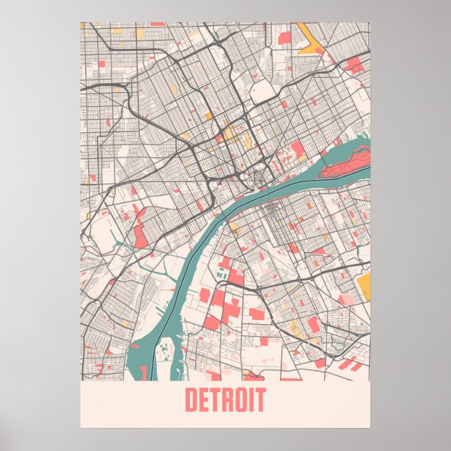 Póster Detroit - Mapa de Michigan Chalk City (Frente)