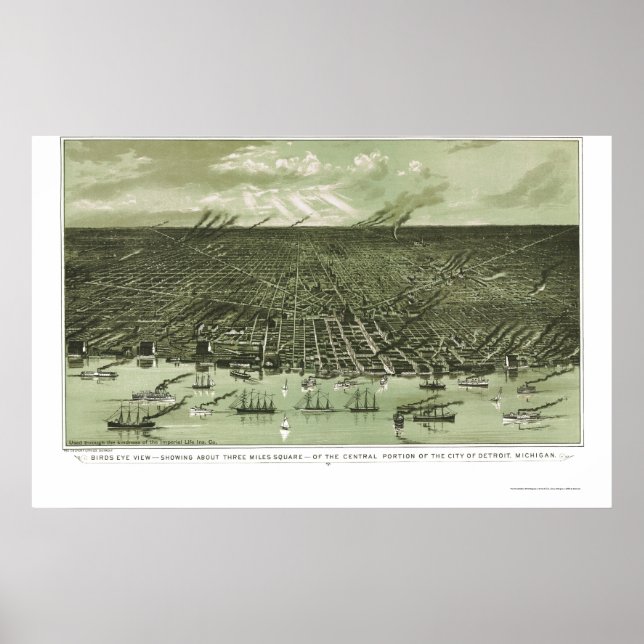 Póster Detroit, Mapa Panorámico de MI - 1889 (Frente)