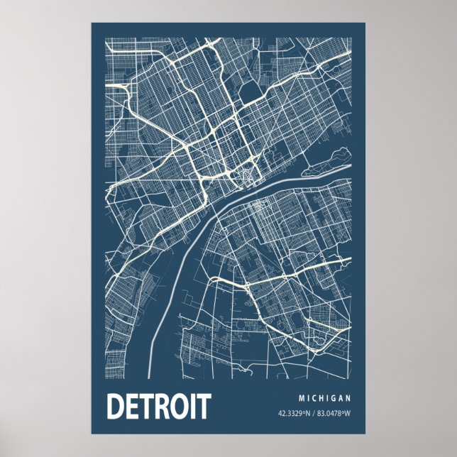 Póster Detroit Michigan City Map Line Art Blue Print (Frente)