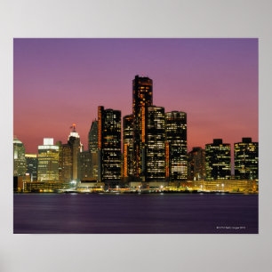 Póster Detroit, Michigan Skyline de noche
