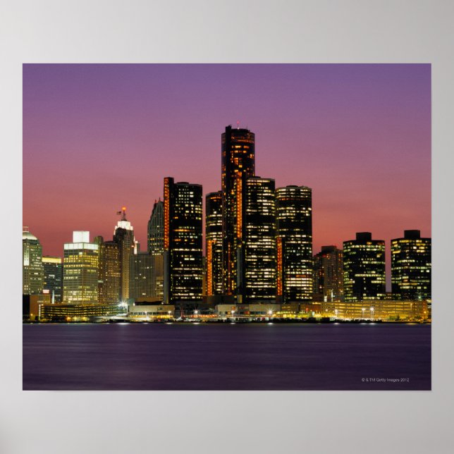 Póster Detroit, Michigan Skyline de noche (Frente)