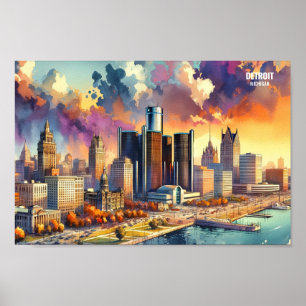 Póster Detroit Michigan USA Travel Places acuarela